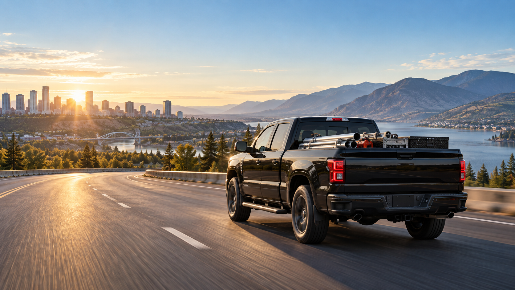 Black service truck driving through a Canadian city and mountain landscape